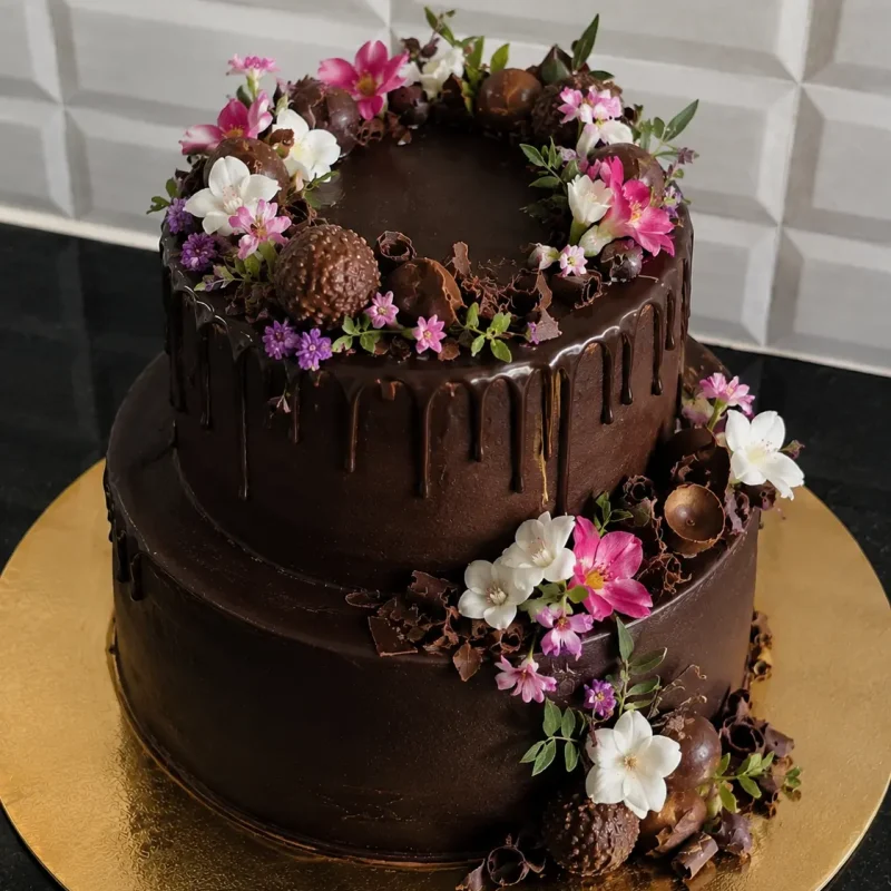 Fresh Edible Flowers on Dark Ganache